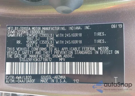 2019 Toyota Highlander Xle z USA, uszkodzony, nr VIN 5TDJZRFH3KS719612